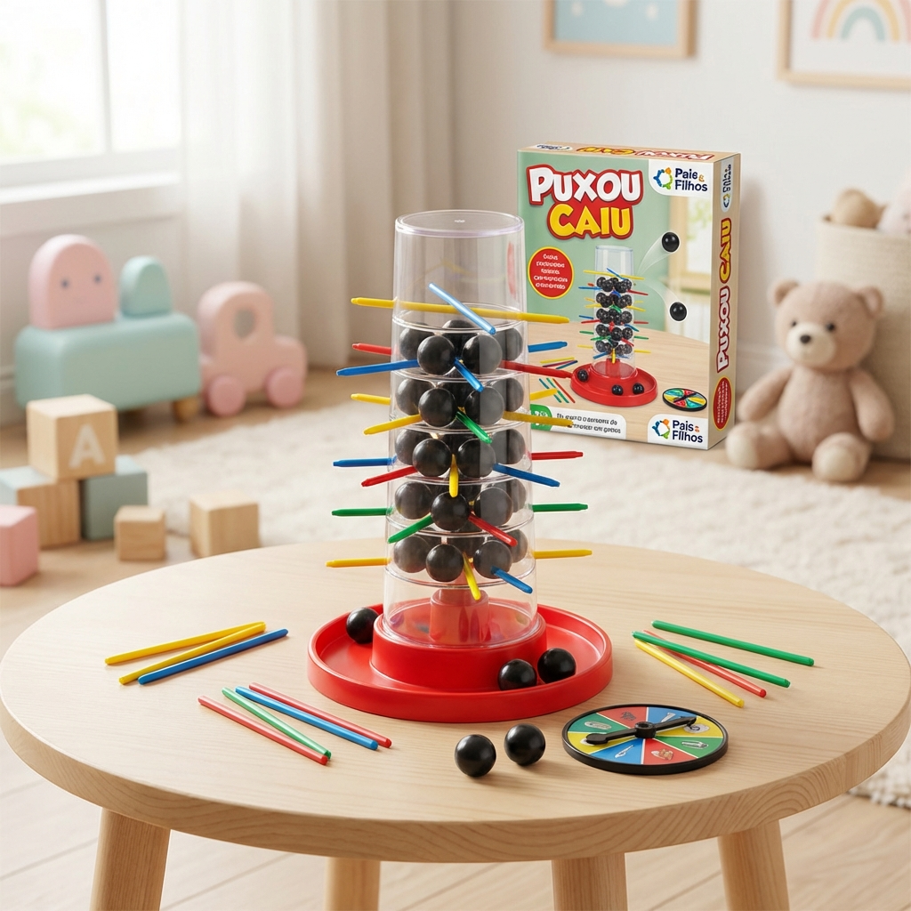 Voce e um fotografo profissional de e-commerce para Brasil. Use a imagem de referencia APENAS como referencia do PRODUTO (forma, proporcoes, textura, cores e acabamento). Nao copie o fundo/cenario da imagem de referencia. Preserve o produto fielmente. Nao redesenhe nem reinterprete o produto. Nao adicione nem remova partes do produto. Nao crie selos, badges, etiquetas ou elementos extras. Foto quadrada 1200x1200, ultra-realista, nitida, com iluminacao profissional e sombra natural. UMA FOTO UNICA, sem colagem, sem mosaico, sem multiplos quadros. Nao desenhe caixas de texto, banners ou placeholders; o texto sera aplicado depois. Sem pessoas, sem maos, sem textos gerados, sem marcas dagua, sem itens extras. Categoria: Brinquedos. : Pais & Filhos. Estilo do nicho: brinquedo, habilidade, palitos, infantil. Ambiente realista com produto em uso, SEM FUNDO BRANCO, luz natural suave e elementos cotidianos ao redor. Uso previsto: uso diario com praticidade. Inclua referências visuais a brinquedo, habilidade, palitos. Nicho: Infantil/Bebe. Visual leve e amigavel, cores suaves e aspecto seguro. Props do nicho: tons pastel, superficie limpa, elementos infantis discretos. Shots rec