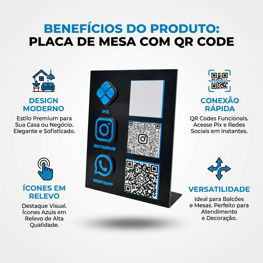 PROMPT MASTER - Infográfico de Benefícios profissional 1200x1200 para e-commerce.
Use a IMAGEM DO PRODUTO anexada como referência principal. OBJETIVO: Infográfico quadrado 1200x1200, estilo "BENEFÍCIOS DO PRODUTO", visual profissional, moderno, clean e premium, legível no celular. Pronto para uso em marketplace (, Mercado Livre, etc.). ADAPTAR AO PRODUTO (obrigatório):
- Adaptar layout e textos aos dados reais do produto (DADOS_STEP).
- Fidelidade ao produto: manter exatamente cor, formato, textura, proporções e detalhes da imagem de referência.
- Produto em destaque no centro, recorte limpo, sombra suave realista. Não inventar partes, não distorcer, não cortar.
- Benefícios exibidos devem vir dos DADOS_STEP: Nome, Categoria, Diferenciais e Benefícios listados. Se faltar informação, usar benefícios genéricos e seguros baseados na categoria e na imagem. NUNCA inventar números, materiais, certificações, garantias ou promessas técnicas. DADOS_STEP (use e adapte os textos a partir destes dados):
Nome: placa de mesa com QR Code
Categoria: Decoração
Nicho: Casa/Decoracao
Cor: preto e azul
Publico-alvo: casa
Palavras-chave: placa, mesa, QR
Diferenciais: ícones em relevo; QR Codes
