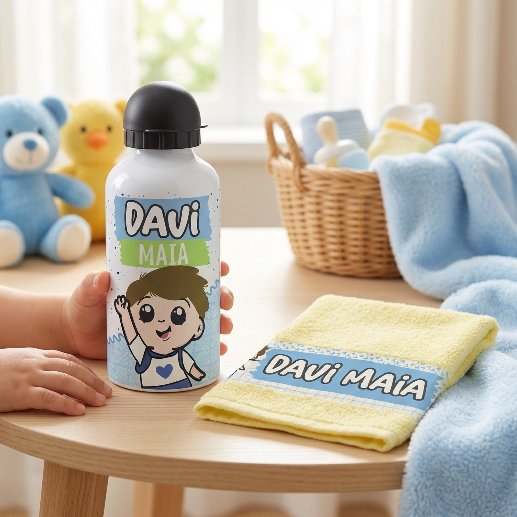 Voce e um fotografo profissional de e-commerce para Brasil. Use a imagem de referencia APENAS como referencia do PRODUTO (forma, proporcoes, textura, cores e acabamento). Nao copie o fundo/cenario da imagem de referencia. Preserve o produto fielmente. Nao redesenhe nem reinterprete o produto. Nao adicione nem remova partes do produto. Nao crie selos, badges, etiquetas ou elementos extras. Foto quadrada 1200x1200, ultra-realista, nitida, com iluminacao profissional e sombra natural. UMA FOTO UNICA, sem colagem, sem mosaico, sem multiplos quadros. Nao desenhe caixas de texto, banners ou placeholders; o texto sera aplicado depois. Pessoas permitidas apenas para demonstrar uso do produto; sem rosto em destaque. Sem textos gerados, sem marcas dagua, sem itens extras. Categoria: Infantil. Paleta: amarelo e azul. Estilo do nicho: garrafa, infantil, toalha. Ambiente realista com produto em uso, SEM FUNDO BRANCO, luz natural suave e elementos cotidianos ao redor. Uso previsto: uso diario com praticidade. Paleta próxima a amarelo e azul. Inclua referências visuais a garrafa, infantil, toalha. Nicho: Infantil/Bebe. Visual leve e amigavel, cores suaves e aspecto seguro. Props do nicho: