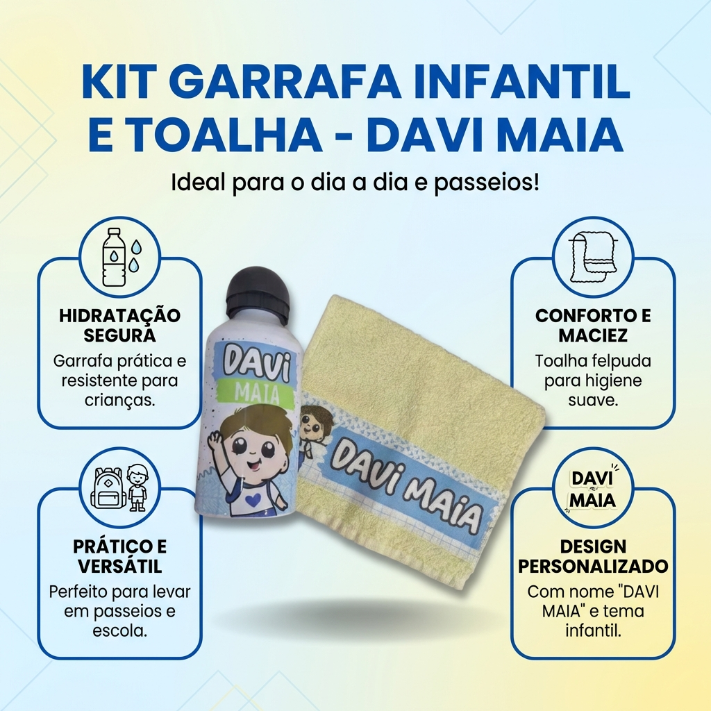 PROMPT MASTER - Infográfico de Benefícios profissional 1200x1200 para e-commerce.
Use a IMAGEM DO PRODUTO anexada como referência principal. OBJETIVO: Infográfico quadrado 1200x1200, estilo "BENEFÍCIOS DO PRODUTO", visual profissional, moderno, clean e premium, legível no celular. Pronto para uso em marketplace (, Mercado Livre, etc.). ADAPTAR AO PRODUTO (obrigatório):
- Adaptar layout e textos aos dados reais do produto (DADOS_STEP).
- Fidelidade ao produto: manter exatamente cor, formato, textura, proporções e detalhes da imagem de referência.
- Produto em destaque no centro, recorte limpo, sombra suave realista. Não inventar partes, não distorcer, não cortar.
- Benefícios exibidos devem vir dos DADOS_STEP: Nome, Categoria, Diferenciais e Benefícios listados. Se faltar informação, usar benefícios genéricos e seguros baseados na categoria e na imagem. NUNCA inventar números, materiais, certificações, garantias ou promessas técnicas. DADOS_STEP (use e adapte os textos a partir destes dados):
Nome: garrafa infantil e toalha
Categoria: Infantil
Nicho: Infantil/Bebe
Cor: amarelo e azul
Publico-alvo: uso geral
Palavras-chave: garrafa, infantil, toalha
Diferenciais: garrafa com