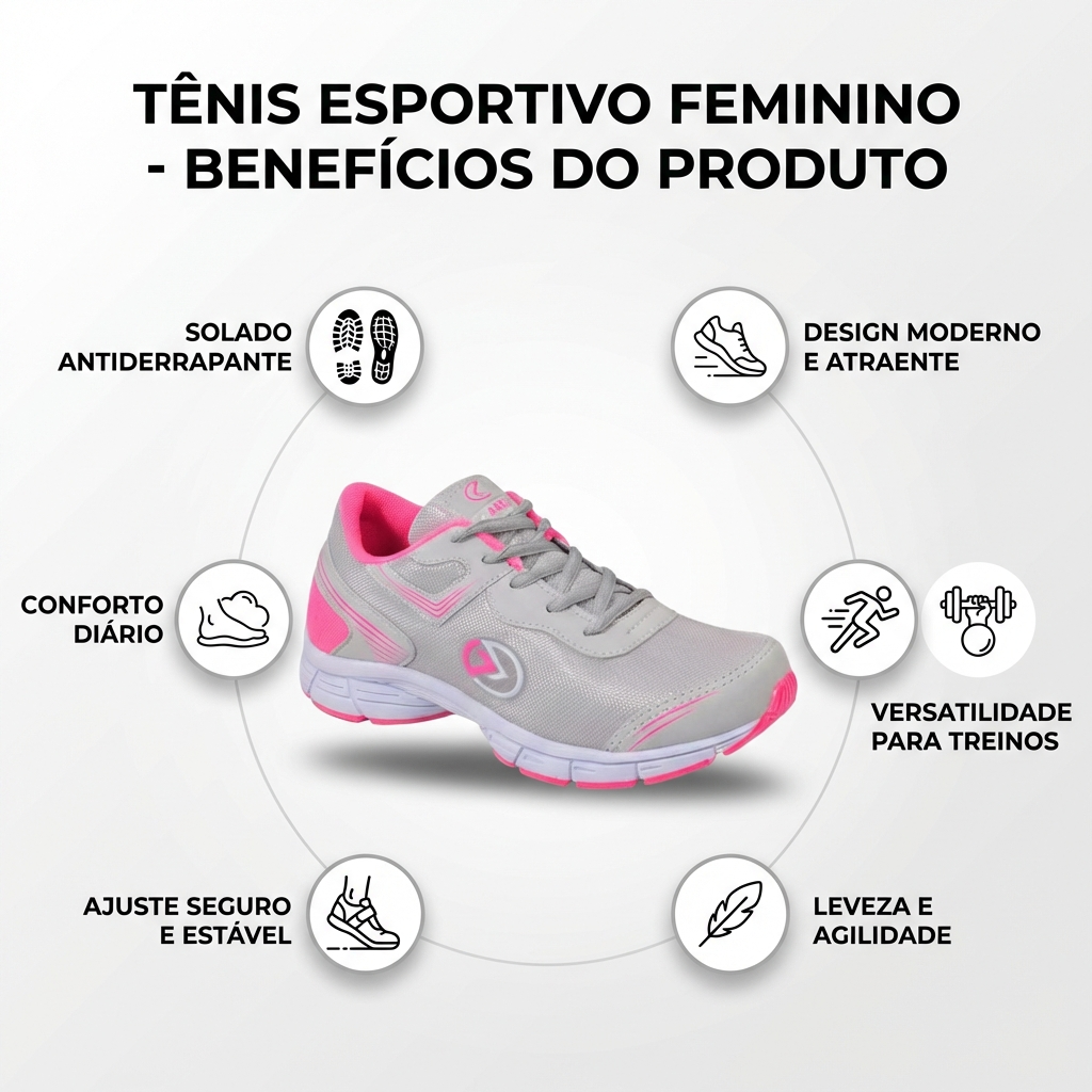 PROMPT MASTER - Infográfico de Benefícios profissional 1200x1200 para e-commerce.
Use a IMAGEM DO PRODUTO anexada como referência principal. OBJETIVO: Infográfico quadrado 1200x1200, estilo "BENEFÍCIOS DO PRODUTO", visual profissional, moderno, clean e premium, legível no celular. Pronto para uso em marketplace (, Mercado Livre, etc.). ADAPTAR AO PRODUTO (obrigatório):
- Adaptar layout e textos aos dados reais do produto (DADOS_STEP).
- Fidelidade ao produto: manter exatamente cor, formato, textura, proporções e detalhes da imagem de referência.
- Produto em destaque no centro, recorte limpo, sombra suave realista. Não inventar partes, não distorcer, não cortar.
- Benefícios exibidos devem vir dos DADOS_STEP: Nome, Categoria, Diferenciais e Benefícios listados. Se faltar informação, usar benefícios genéricos e seguros baseados na categoria e na imagem. NUNCA inventar números, materiais, certificações, garantias ou promessas técnicas. DADOS_STEP (use e adapte os textos a partir destes dados):
Nome: tênis esportivo
Categoria: Calçados
Nicho: Fitness/Suplementos
Cor: cinza e rosa
Publico-alvo: Feminino
Palavras-chave: tênis, esportivo, Feminino
Diferenciais: solado antiderrap