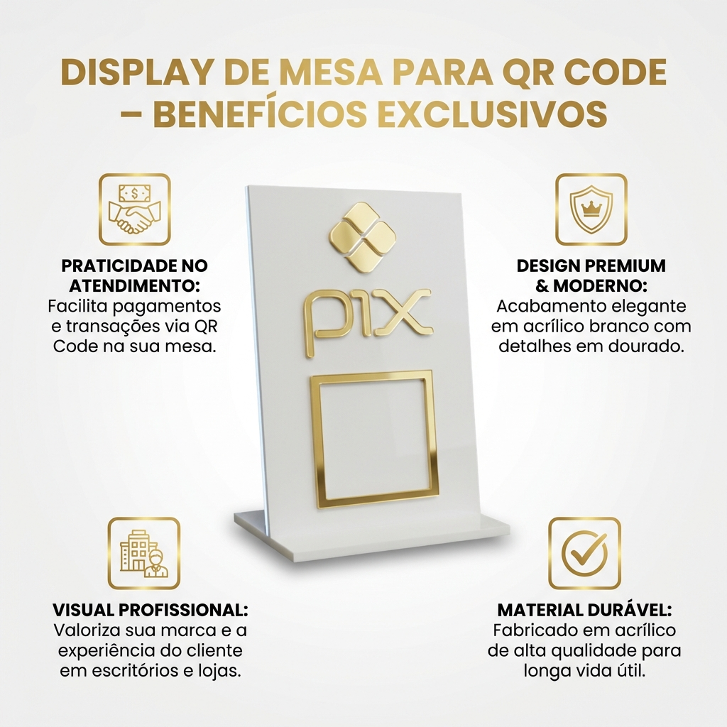 PROMPT MASTER - Infográfico de Benefícios profissional 1200x1200 para e-commerce.
Use a IMAGEM DO PRODUTO anexada como referência principal. OBJETIVO: Infográfico quadrado 1200x1200, estilo "BENEFÍCIOS DO PRODUTO", visual profissional, moderno, clean e premium, legível no celular. Pronto para uso em marketplace (, Mercado Livre, etc.). ADAPTAR AO PRODUTO (obrigatório):
- Adaptar layout e textos aos dados reais do produto (DADOS_STEP).
- Fidelidade ao produto: manter exatamente cor, formato, textura, proporções e detalhes da imagem de referência.
- Produto em destaque no centro, recorte limpo, sombra suave realista. Não inventar partes, não distorcer, não cortar.
- Benefícios exibidos devem vir dos DADOS_STEP: Nome, Categoria, Diferenciais e Benefícios listados. Se faltar informação, usar benefícios genéricos e seguros baseados na categoria e na imagem. NUNCA inventar números, materiais, certificações, garantias ou promessas técnicas. DADOS_STEP (use e adapte os textos a partir destes dados):
Nome: display de mesa para QR Code
Categoria: Acessórios de Escritório
Nicho: Papelaria
Cor: branco e dourado
Material: acrílico
Publico-alvo: uso geral
Palavras-chave: display, mesa,