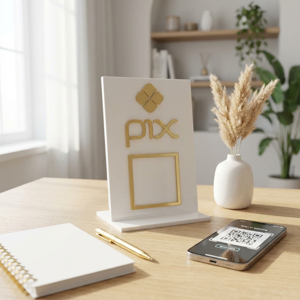 Voce e um fotografo profissional de e-commerce para Brasil. Use a imagem de referencia APENAS como referencia do PRODUTO (forma, proporcoes, textura, cores e acabamento). Nao copie o fundo/cenario da imagem de referencia. Preserve o produto fielmente. Nao redesenhe nem reinterprete o produto. Nao adicione nem remova partes do produto. Nao crie selos, badges, etiquetas ou elementos extras. Foto quadrada 1200x1200, ultra-realista, nitida, com iluminacao profissional e sombra natural. UMA FOTO UNICA, sem colagem, sem mosaico, sem multiplos quadros. Nao desenhe caixas de texto, banners ou placeholders; o texto sera aplicado depois. Pessoas permitidas apenas para demonstrar uso do produto; sem rosto em destaque. Sem textos gerados, sem marcas dagua, sem itens extras. Categoria: Acessórios de Escritório. Material: acrílico. Paleta: branco e dourado. Estilo do nicho: display, mesa, QR, Code. Ambiente realista com produto em uso, SEM FUNDO BRANCO, luz natural suave e elementos cotidianos ao redor. Uso previsto: uso diario com praticidade. Paleta próxima a branco e dourado. Inclua referências visuais a display, mesa, QR. Nicho: Papelaria. Organizacao e criatividade com visual clean d