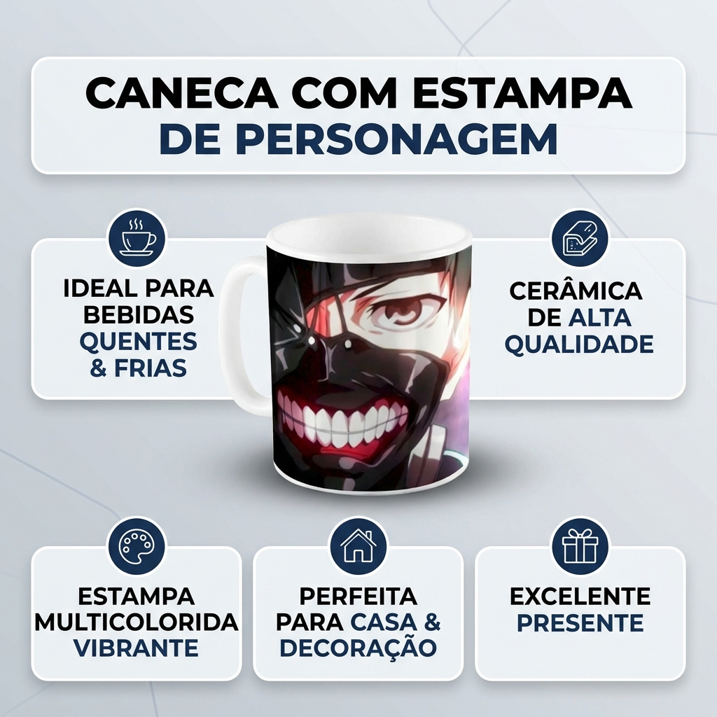 PROMPT MASTER - Infográfico de Benefícios profissional 1200x1200 para e-commerce.
Use a IMAGEM DO PRODUTO anexada como referência principal. OBJETIVO: Infográfico quadrado 1200x1200, estilo "BENEFÍCIOS DO PRODUTO", visual profissional, moderno, clean e premium, legível no celular. Pronto para uso em marketplace (, Mercado Livre, etc.). ADAPTAR AO PRODUTO (obrigatório):
- Adaptar layout e textos aos dados reais do produto (DADOS_STEP).
- Fidelidade ao produto: manter exatamente cor, formato, textura, proporções e detalhes da imagem de referência.
- Produto em destaque no centro, recorte limpo, sombra suave realista. Não inventar partes, não distorcer, não cortar.
- Benefícios exibidos devem vir dos DADOS_STEP: Nome, Categoria, Diferenciais e Benefícios listados. Se faltar informação, usar benefícios genéricos e seguros baseados na categoria e na imagem. NUNCA inventar números, materiais, certificações, garantias ou promessas técnicas. DADOS_STEP (use e adapte os textos a partir destes dados):
Nome: caneca com estampa de personagem
Categoria: Utilidades Domésticas
Nicho: Casa/Decoracao
Cor: multicolorido
Material: cerâmica
Publico-alvo: uso geral
Palavras-chave: caneca, cerâ