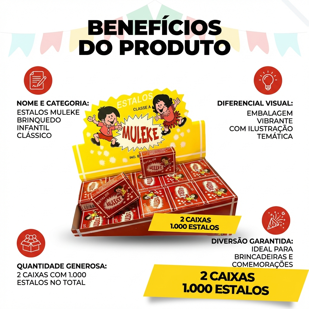 PROMPT MASTER - Infográfico de Benefícios profissional 1200x1200 para e-commerce.
Use a IMAGEM DO PRODUTO anexada como referência principal. OBJETIVO: Infográfico quadrado 1200x1200, estilo "BENEFÍCIOS DO PRODUTO", visual profissional, moderno, clean e premium, legível no celular. Pronto para uso em marketplace (, Mercado Livre, etc.). ADAPTAR AO PRODUTO (obrigatório):
- Adaptar layout e textos aos dados reais do produto (DADOS_STEP).
- Fidelidade ao produto: manter exatamente cor, formato, textura, proporções e detalhes da imagem de referência.
- Produto em destaque no centro, recorte limpo, sombra suave realista. Não inventar partes, não distorcer, não cortar.
- Benefícios exibidos devem vir dos DADOS_STEP: Nome, Categoria, Diferenciais e Benefícios listados. Se faltar informação, usar benefícios genéricos e seguros baseados na categoria e na imagem. NUNCA inventar números, materiais, certificações, garantias ou promessas técnicas. DADOS_STEP (use e adapte os textos a partir destes dados):
Nome: estalinho
Categoria: Brinquedos
Nicho: Infantil/Bebe
Cor: vermelho
Publico-alvo: uso geral
Palavras-chave: estalinho, Brinquedos, uso
Diferenciais: embalagem vermelha; ilustração