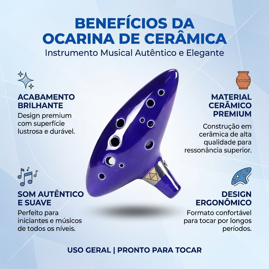 PROMPT MASTER - Infográfico de Benefícios profissional 1200x1200 para e-commerce.
Use a IMAGEM DO PRODUTO anexada como referência principal. OBJETIVO: Infográfico quadrado 1200x1200, estilo "BENEFÍCIOS DO PRODUTO", visual profissional, moderno, clean e premium, legível no celular. Pronto para uso em marketplace (, Mercado Livre, etc.). ADAPTAR AO PRODUTO (obrigatório):
- Adaptar layout e textos aos dados reais do produto (DADOS_STEP).
- Fidelidade ao produto: manter exatamente cor, formato, textura, proporções e detalhes da imagem de referência.
- Produto em destaque no centro, recorte limpo, sombra suave realista. Não inventar partes, não distorcer, não cortar.
- Benefícios exibidos devem vir dos DADOS_STEP: Nome, Categoria, Diferenciais e Benefícios listados. Se faltar informação, usar benefícios genéricos e seguros baseados na categoria e na imagem. NUNCA inventar números, materiais, certificações, garantias ou promessas técnicas. DADOS_STEP (use e adapte os textos a partir destes dados):
Nome: ocarina
Categoria: Instrumentos Musicais
Nicho: Geral
Cor: azul
Material: cerâmica
Publico-alvo: uso geral
Palavras-chave: ocarina, ceramica, musical
Diferenciais: acabamento bri