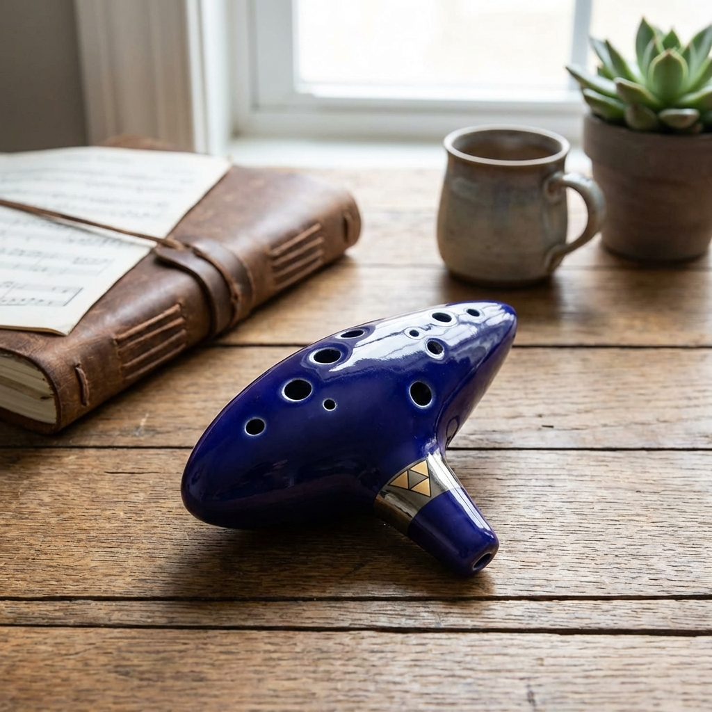 Voce e um fotografo profissional de e-commerce para Brasil. Use a imagem de referencia APENAS como referencia do PRODUTO (forma, proporcoes, textura, cores e acabamento). Nao copie o fundo/cenario da imagem de referencia. Preserve o produto fielmente. Nao redesenhe nem reinterprete o produto. Nao adicione nem remova partes do produto. Nao crie selos, badges, etiquetas ou elementos extras. Foto quadrada 1200x1200, ultra-realista, nitida, com iluminacao profissional e sombra natural. UMA FOTO UNICA, sem colagem, sem mosaico, sem multiplos quadros. Nao desenhe caixas de texto, banners ou placeholders; o texto sera aplicado depois. Sem pessoas, sem maos, sem textos gerados, sem marcas dagua, sem itens extras. Categoria: Instrumentos Musicais. Material: cerâmica. Paleta: azul. Estilo do nicho: ocarina, ceramica, musical. Ambiente realista com produto em uso, SEM FUNDO BRANCO, luz natural suave e elementos cotidianos ao redor. Uso previsto: uso diario com praticidade. Paleta próxima a azul. Inclua referências visuais a ocarina, ceramica, musical. Nicho: Geral. Cenario neutro, premium e versatil para marketplace. Props do nicho: superficies neutras, luz de estudio suave. Shots rec