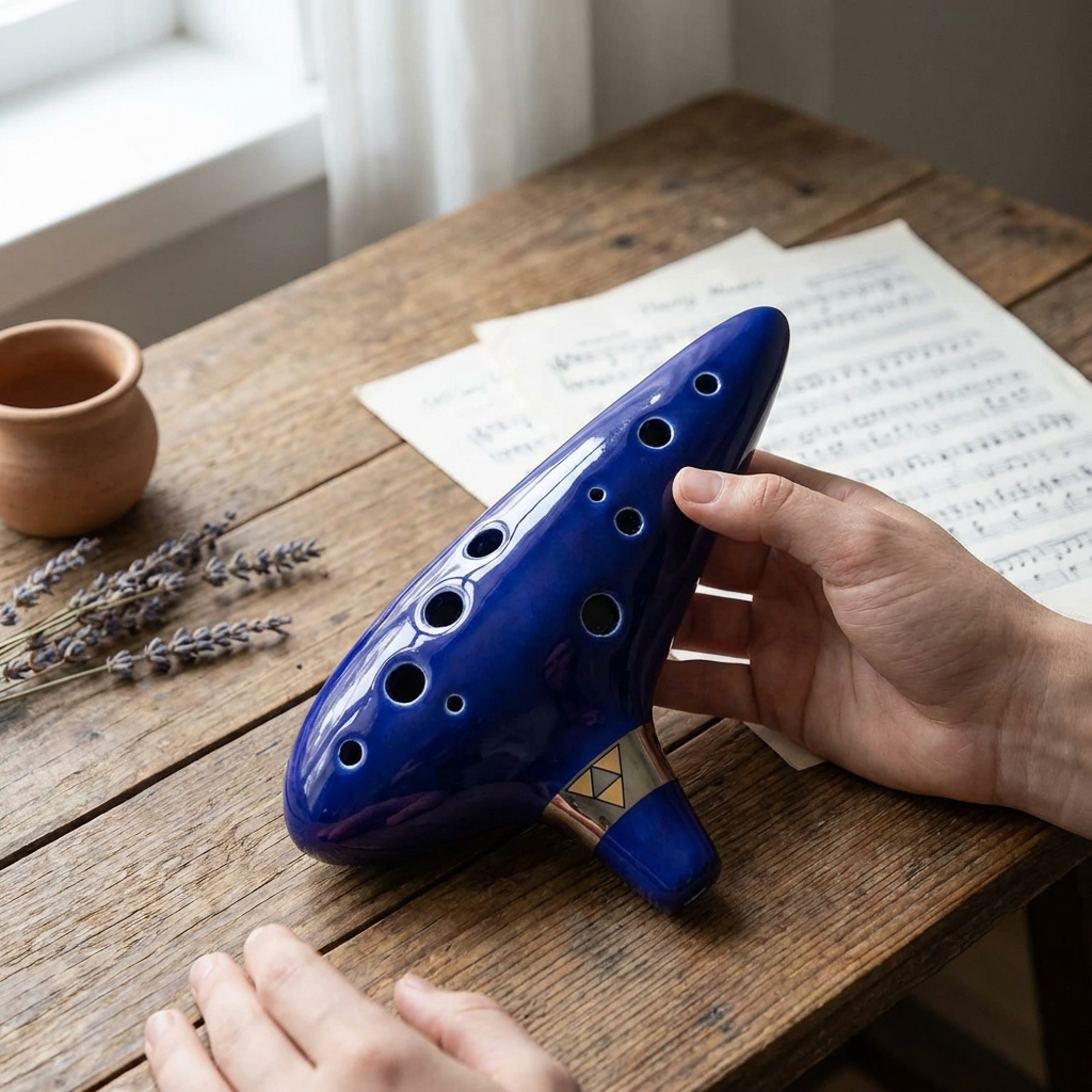 Voce e um fotografo profissional de e-commerce para Brasil. Use a imagem de referencia APENAS como referencia do PRODUTO (forma, proporcoes, textura, cores e acabamento). Nao copie o fundo/cenario da imagem de referencia. Preserve o produto fielmente. Nao redesenhe nem reinterprete o produto. Nao adicione nem remova partes do produto. Nao crie selos, badges, etiquetas ou elementos extras. Foto quadrada 1200x1200, ultra-realista, nitida, com iluminacao profissional e sombra natural. UMA FOTO UNICA, sem colagem, sem mosaico, sem multiplos quadros. Nao desenhe caixas de texto, banners ou placeholders; o texto sera aplicado depois. Pessoas permitidas apenas para demonstrar uso do produto; sem rosto em destaque. Sem textos gerados, sem marcas dagua, sem itens extras. Categoria: Instrumentos Musicais. Material: cerâmica. Paleta: azul. Estilo do nicho: ocarina, ceramica, musical. Ambiente realista com produto em uso, SEM FUNDO BRANCO, luz natural suave e elementos cotidianos ao redor. Uso previsto: uso diario com praticidade. Paleta próxima a azul. Inclua referências visuais a ocarina, ceramica, musical. Nicho: Geral. Cenario neutro, premium e versatil para marketplace. Props do ni