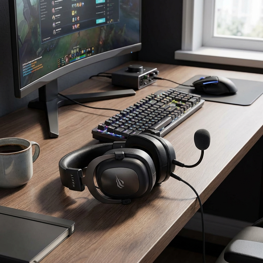 Voce e um fotografo profissional de e-commerce para Brasil. Use a imagem de referencia APENAS como referencia do PRODUTO (forma, proporcoes, textura, cores e acabamento). Nao copie o fundo/cenario da imagem de referencia. Preserve o produto fielmente. Nao redesenhe nem reinterprete o produto. Nao adicione nem remova partes do produto. Nao crie selos, badges, etiquetas ou elementos extras. Foto quadrada 1200x1200, ultra-realista, nitida, com iluminacao profissional e sombra natural. UMA FOTO UNICA, sem colagem, sem mosaico, sem multiplos quadros. Nao desenhe caixas de texto, banners ou placeholders; o texto sera aplicado depois. Sem pessoas, sem maos, sem textos gerados, sem marcas dagua, sem itens extras. Categoria: Eletrônicos. : HAVIT. Material: plástico. Paleta: preto. Estilo do nicho: headset, Eletrônicos, microfone, casa. Ambiente realista com produto em uso, SEM FUNDO BRANCO, luz natural suave e elementos cotidianos ao redor. Uso previsto: uso em mesa, carro ou home office. Paleta próxima a preto. Inclua referências visuais a headset, Eletrônicos, microfone. Nicho: Eletronicos. Visual tecnologico, limpo e moderno com destaque para detalhes. Props do nicho: luz de