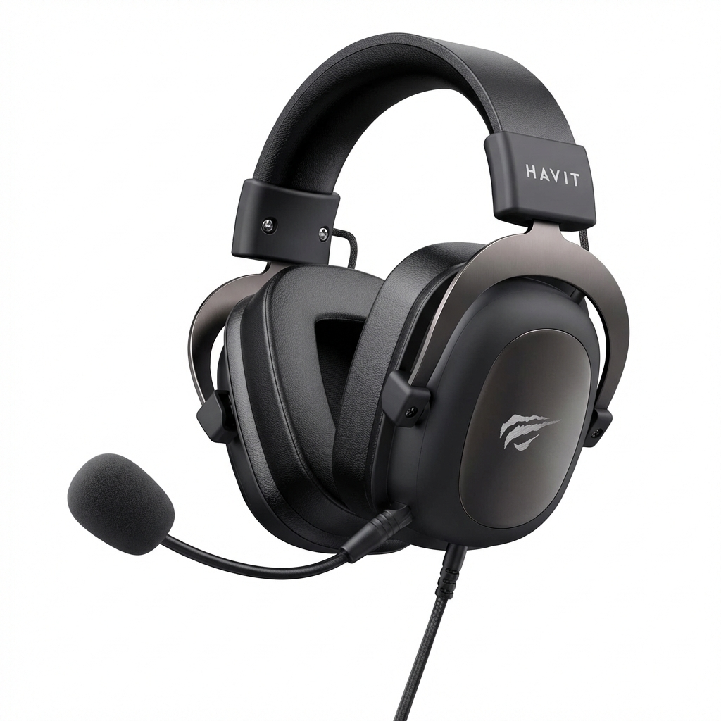 Voce e um fotografo profissional de e-commerce para Brasil. Use a imagem de referencia APENAS como referencia do PRODUTO (forma, proporcoes, textura, cores e acabamento). Nao copie o fundo/cenario da imagem de referencia. Preserve o produto fielmente. Nao redesenhe nem reinterprete o produto. Nao adicione nem remova partes do produto. Nao crie selos, badges, etiquetas ou elementos extras. Foto quadrada 1200x1200, ultra-realista, nitida, com iluminacao profissional e sombra natural. UMA FOTO UNICA, sem colagem, sem mosaico, sem multiplos quadros. Nao desenhe caixas de texto, banners ou placeholders; o texto sera aplicado depois. Sem pessoas, sem maos, sem textos gerados, sem marcas dagua, sem itens extras. Categoria: Eletrônicos. : HAVIT. Material: plástico. Paleta: preto. Estilo do nicho: headset, Eletrônicos, microfone, casa. Fundo branco puro #FFFFFF, iluminação neutra e foco técnico no produto sem elementos extras. Uso previsto: uso em mesa, carro ou home office. Paleta próxima a preto. Inclua referências visuais a headset, Eletrônicos, microfone. Nicho: Eletronicos. Visual tecnologico, limpo e moderno com destaque para detalhes. Evitar: sem cabos baguncados, sem te