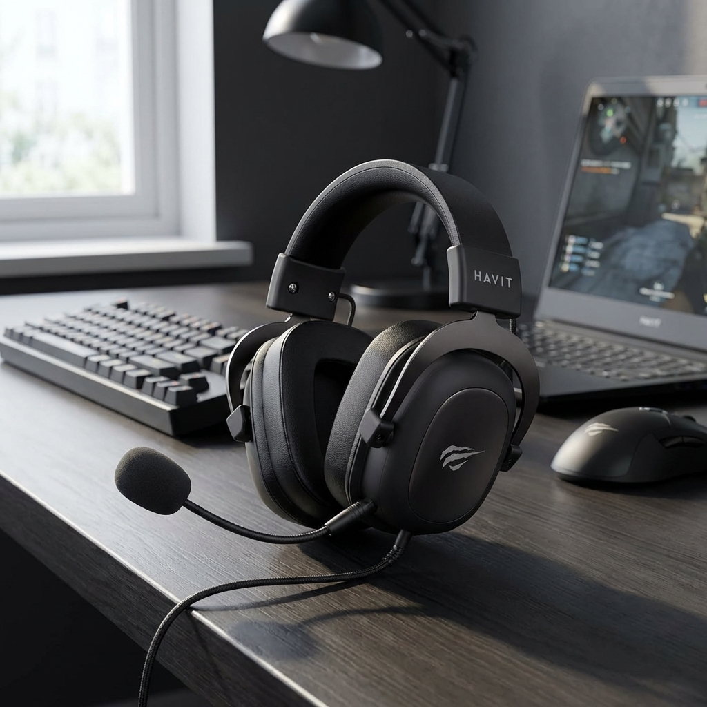 Voce e um fotografo profissional de e-commerce para Brasil. Use a imagem de referencia APENAS como referencia do PRODUTO (forma, proporcoes, textura, cores e acabamento). Nao copie o fundo/cenario da imagem de referencia. Preserve o produto fielmente. Nao redesenhe nem reinterprete o produto. Nao adicione nem remova partes do produto. Nao crie selos, badges, etiquetas ou elementos extras. Foto quadrada 1200x1200, ultra-realista, nitida, com iluminacao profissional e sombra natural. UMA FOTO UNICA, sem colagem, sem mosaico, sem multiplos quadros. Nao desenhe caixas de texto, banners ou placeholders; o texto sera aplicado depois. Pessoas permitidas apenas para demonstrar uso do produto; sem rosto em destaque. Sem textos gerados, sem marcas dagua, sem itens extras. Categoria: Eletrônicos. : HAVIT. Material: plástico. Paleta: preto. Estilo do nicho: headset, Eletrônicos, microfone, casa. Ambiente realista com produto em uso, SEM FUNDO BRANCO, luz natural suave e elementos cotidianos ao redor. Uso previsto: uso em mesa, carro ou home office. Paleta próxima a preto. Inclua referências visuais a headset, Eletrônicos, microfone. Nicho: Eletronicos. Visual tecnologico, limpo e m