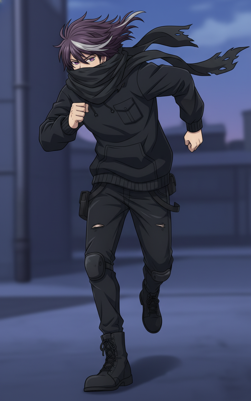 Adult tall man, shoulder-length dark purple hair with grey streaks, dark pink eyes. Wearing a large black scarf covering the lower face like a bandana, faded black hoodie, and worn-out black pants.