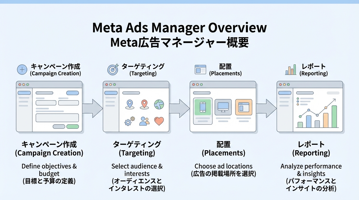 Meta広告マネージャーのダッシュボードをイメージし、キャンペーン作成からターゲティング、配信、レポートまでの流れを俯瞰した概念図