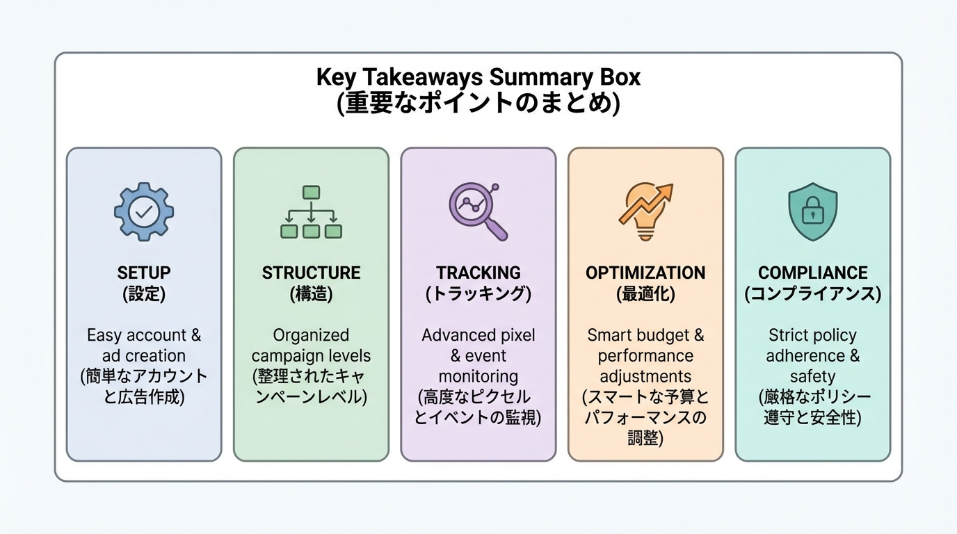 Meta広告マネージャーの設定、アカウント構造、計測、最適化、審査リスクの5つのポイントをカード形式で整理したインフォグラフィック