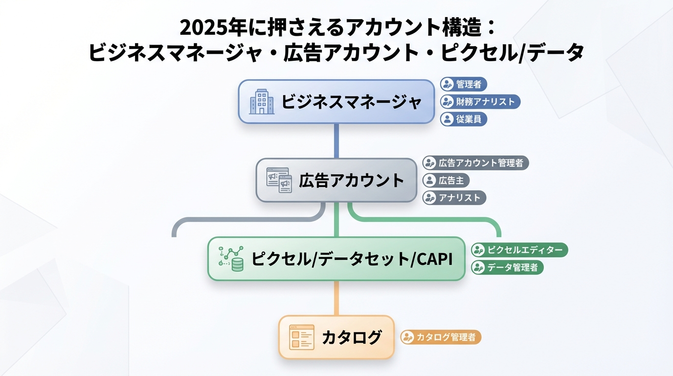 ビジネスマネージャー配下に広告アカウント、ピクセル、コンバージョンAPI、カタログが階層的にぶら下がり、役割ごとの権限が紐付く構造図