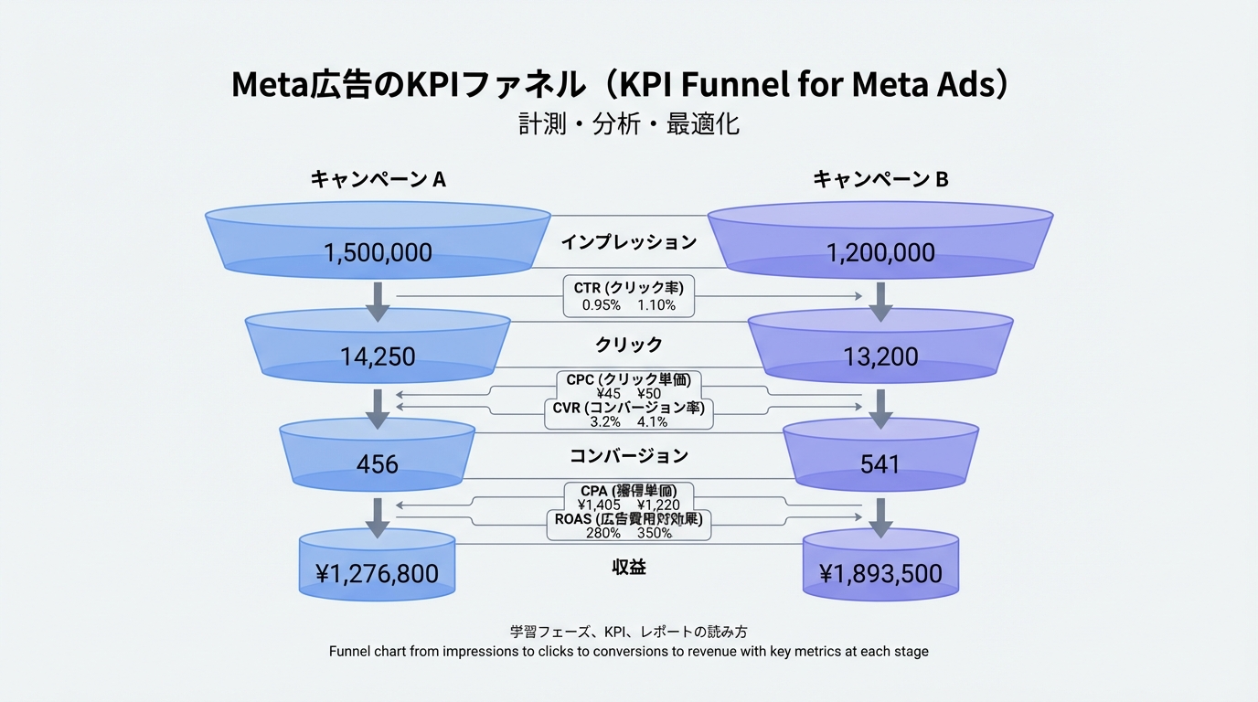 インプレッションからクリック、コンバージョン、売上までのファネルと、それぞれの段階に対応するCTR、CPC、CVR、CPA、ROASといった主要KPIを示したチャート