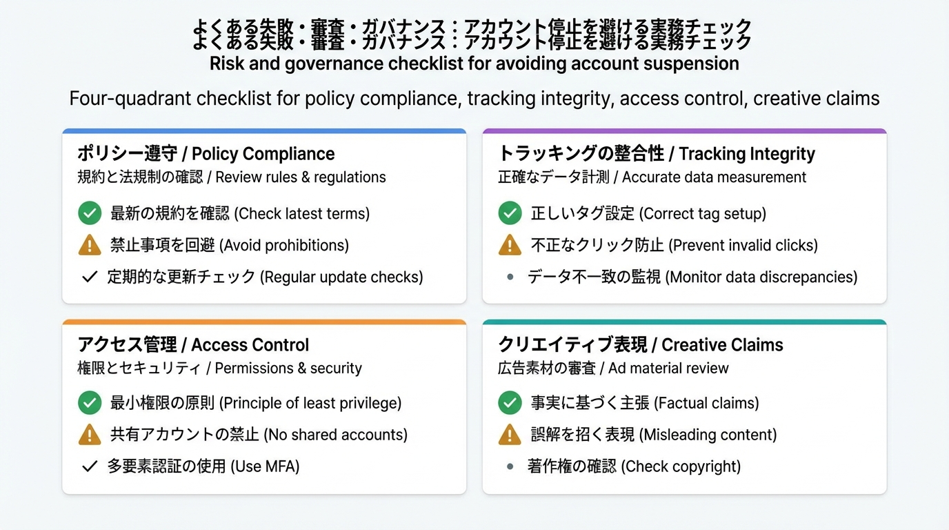 ポリシー準拠、計測の健全性、権限管理、クリエイティブ表現の4象限に分けて、チェックすべきリスク項目を整理した図