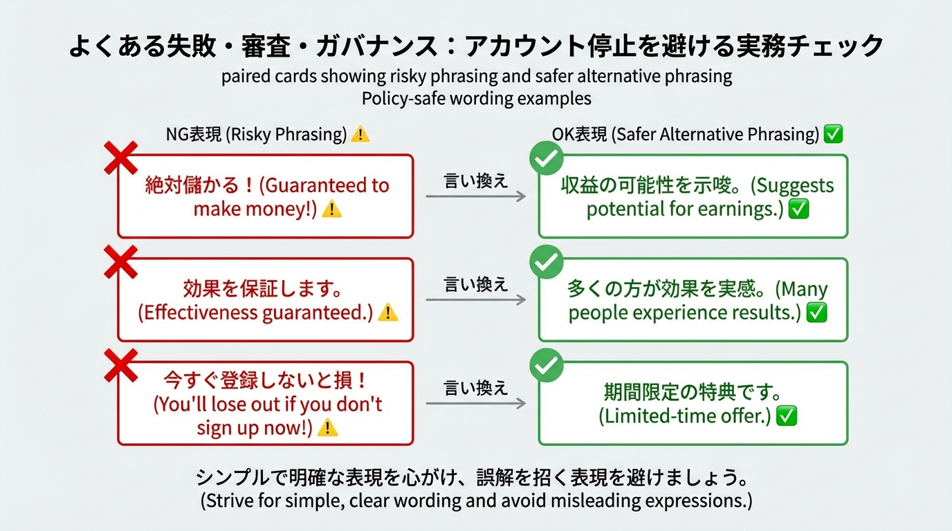 NG表現とOK表現をペアで並べ、断定的な効果や個人属性を強調するコピーをより中立的でポリシーに沿った表現に書き換えた例を示す図