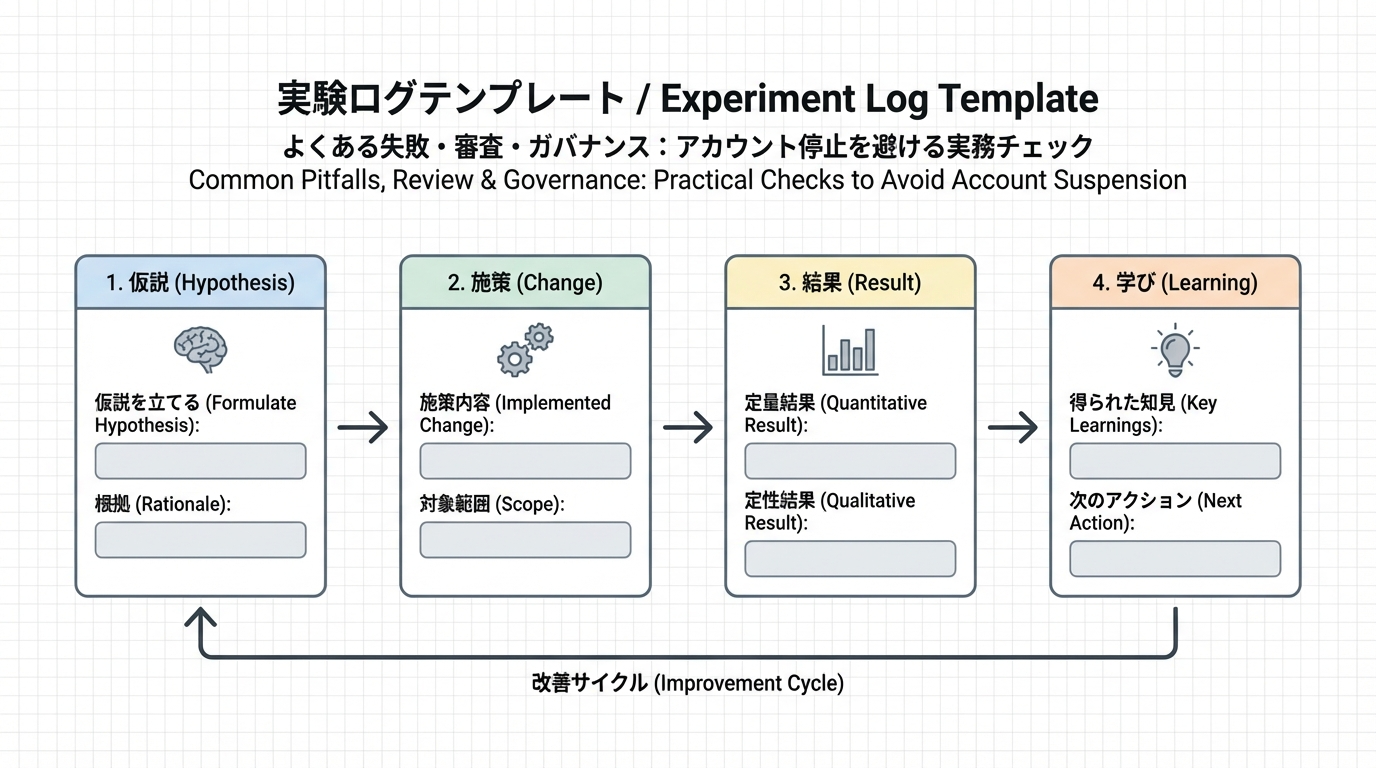 仮説、施策内容、結果、学びの4項目を1セットにして改善ログとして記録するテンプレートのステップ図