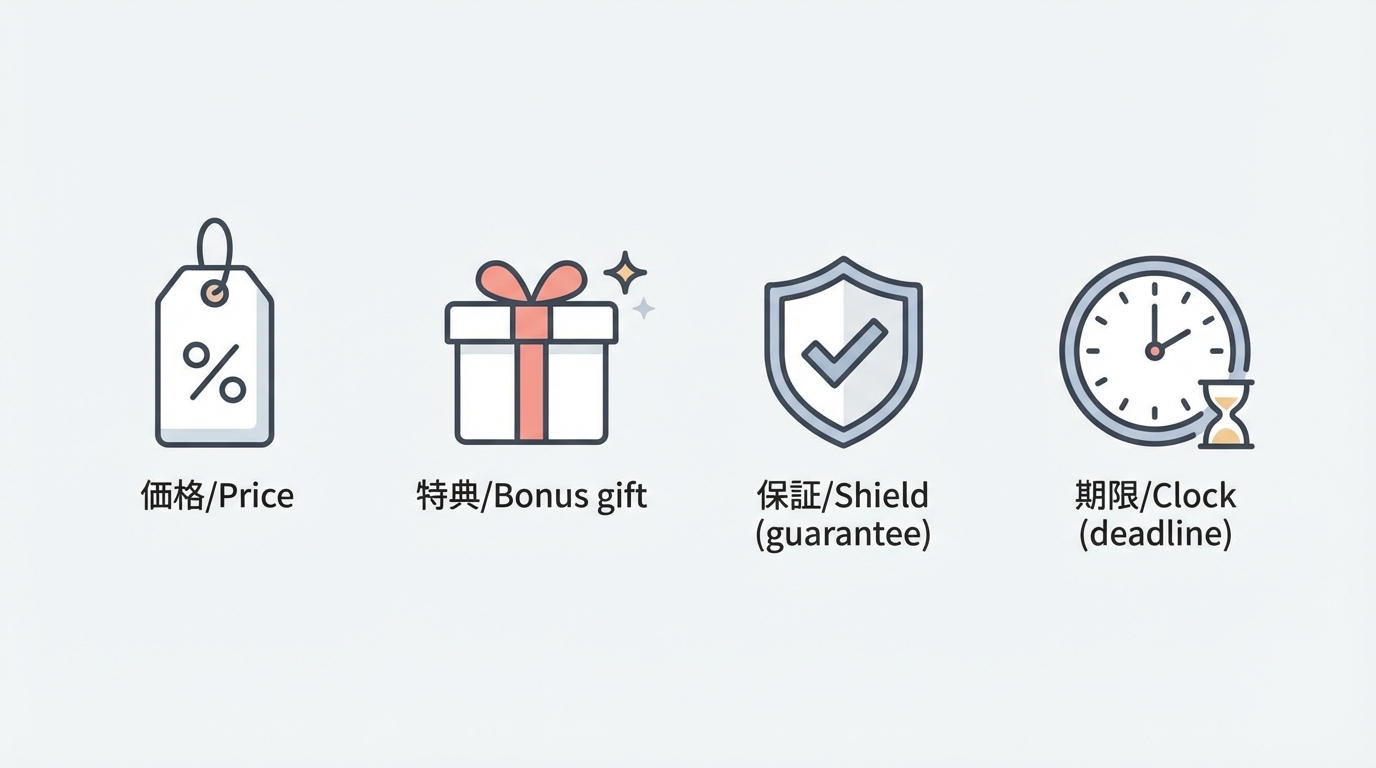 価格・特典・保証・期限を表す4つのアイコンが横並びになったオファー設計チェックリストのイラスト