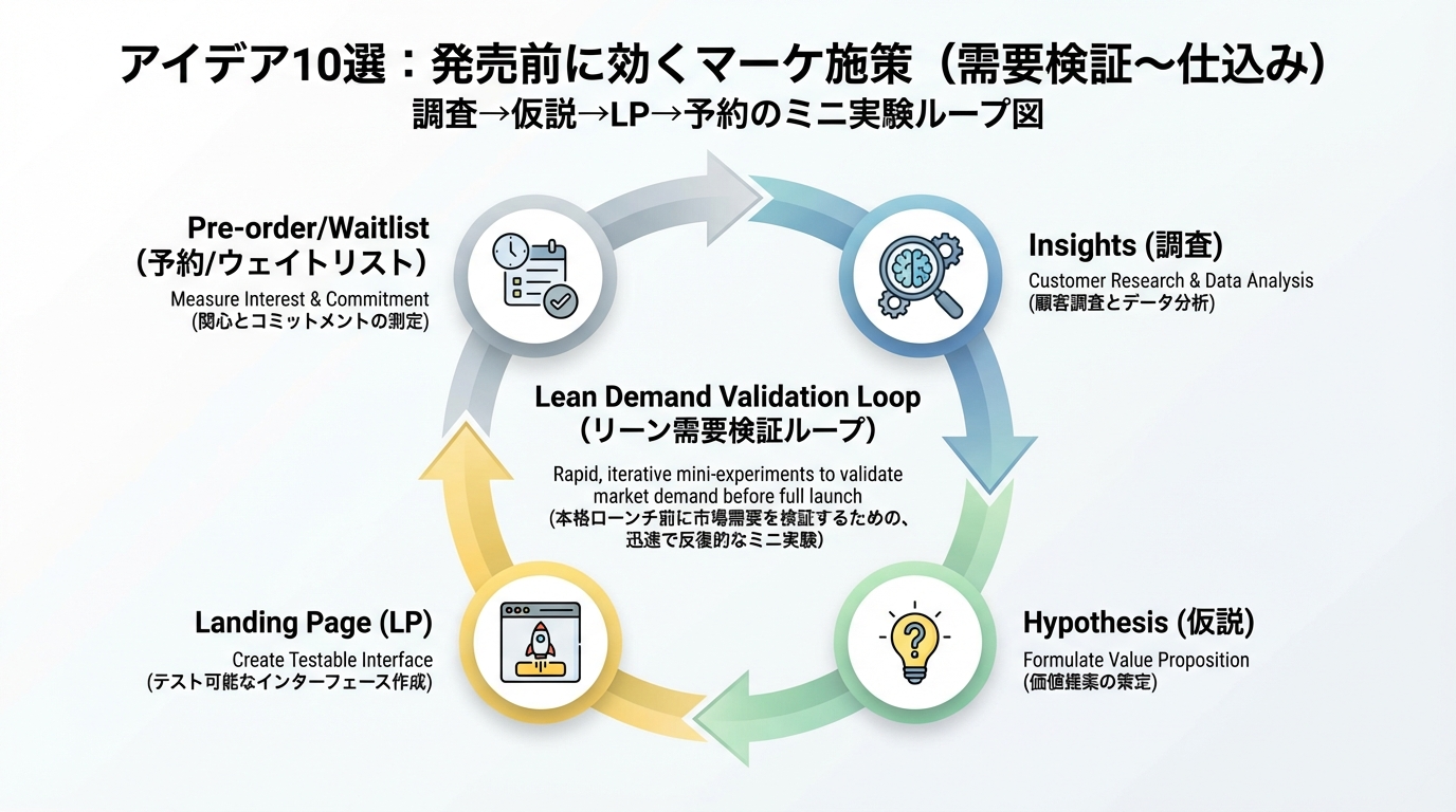 調査・仮説・LP作成・予約受付を円環状に結んだミニ実験ループを示す図