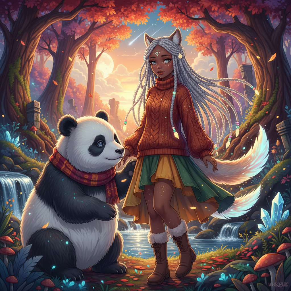 shy celestial animal hybrid girl, panda companion, autumn outfit, dark skin tone, white knotless box braids, freckles, magical aura, anime style, silver eyes"