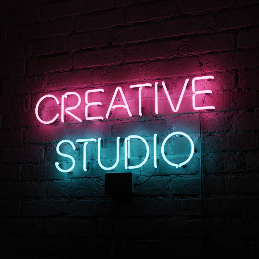 Neon sign reading CREATIVE STUDIO with perfect AI text rendering