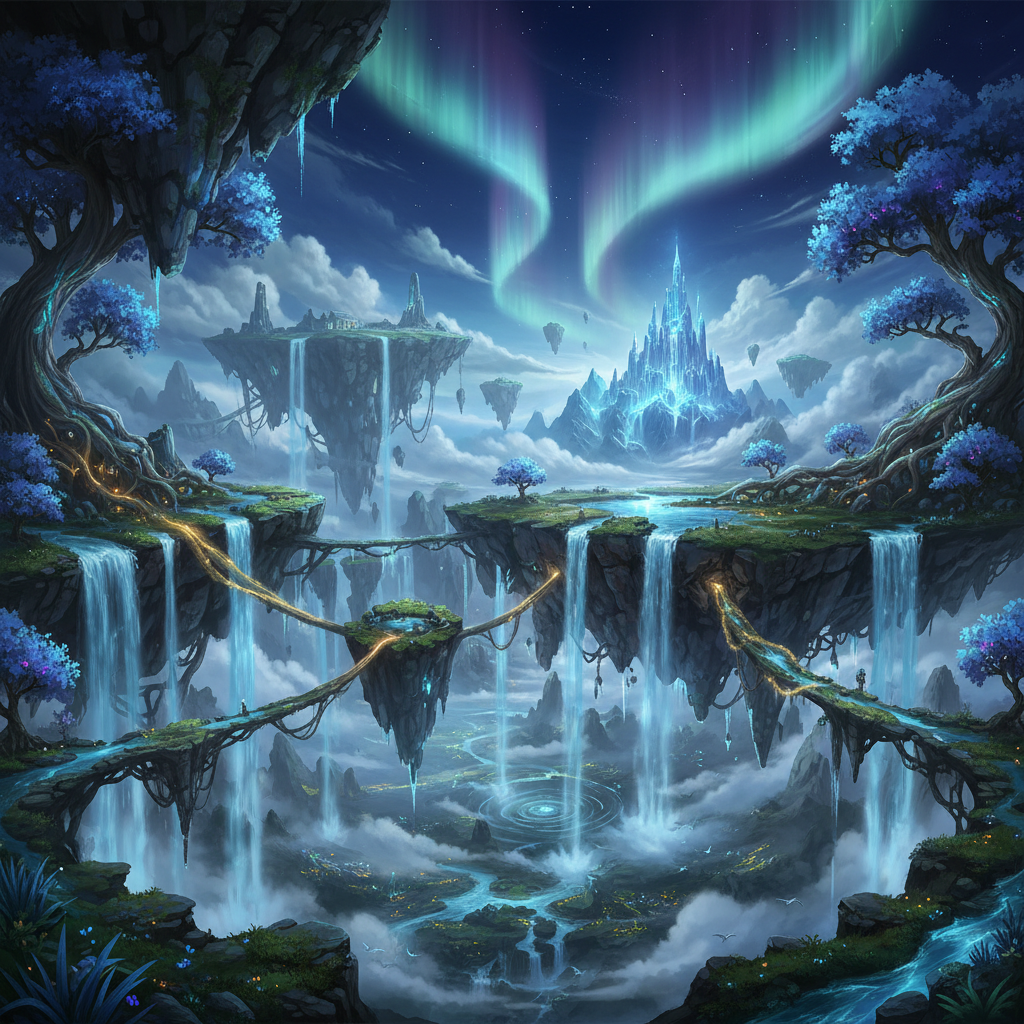 Epic fantasy landscape with floating islands generated by AI in 4K