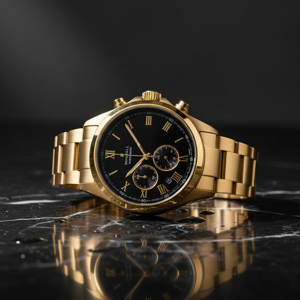 Luxury product photography of gold watch created by AI