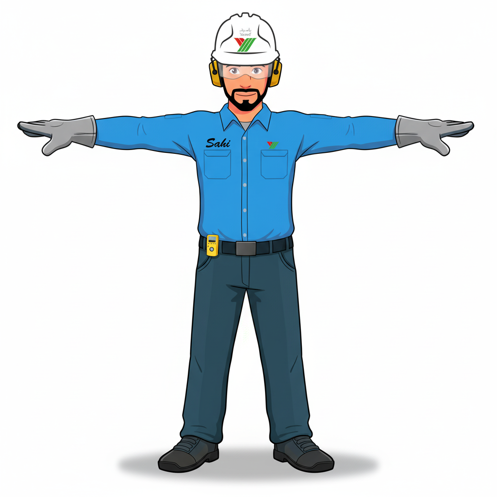 A stylized cartoon male industrial worker who serves as a friendly, professional safety mascot. He has clean, simple shapes, expressive features, and bright colors typical of modern cartoon characters. His face includes a short, neat beard and a confident, positive smile that reflects reliability and strong safety culture.

He wears a white safety helmet with the YASREF logo on the front. Over the helmet are yellow earmuff-style hearing protectors. His uniform is a blue long‑sleeve button-up work shirt with the character’s name “SAHI” embroidered on the chest. Above the left pocket is the YASREF logo, matching the real uniform layout. He wears dark industrial work trousers and sturdy black safety boots. His gloves are grey and slightly padded, fitting the cartoon style.

Attached to his belt is a yellow gas detector, not a walkie‑talkie. It should be small, rectangular, and clearly identifiable as a gas detection device, reinforcing his role in safety and hazard awareness.

The character should match the proportions, colors, and accessories shown in the reference image, always in a stylized cartoon aesthetic with clean lines, simple shading, and smooth, animation‑friendly shapes.

Generate the character in a T‑pose, with arms extended horizontally, palms facing down, legs straight, and posture neutral. The pose should be symmetrical and centered, suitable for rigging and animation.
