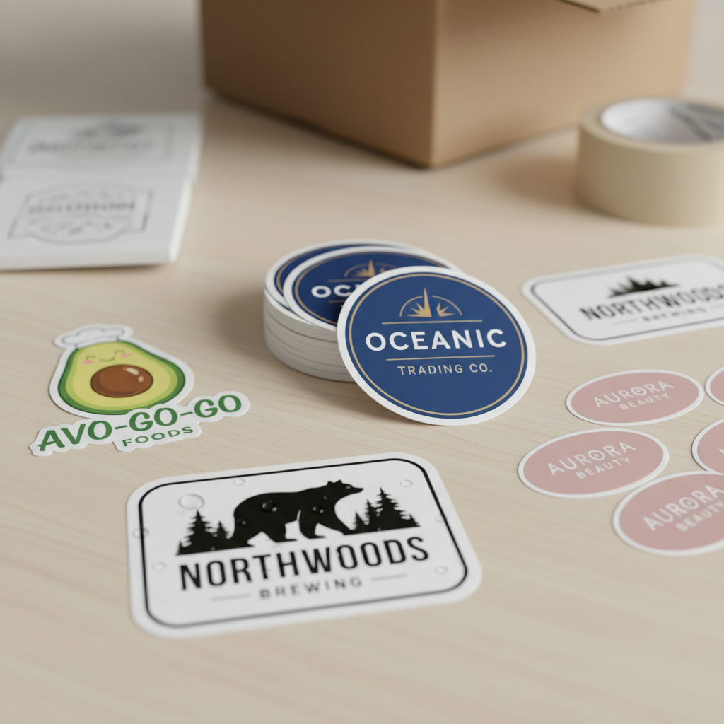 Custom brand logo stickers created with AI sticker generator