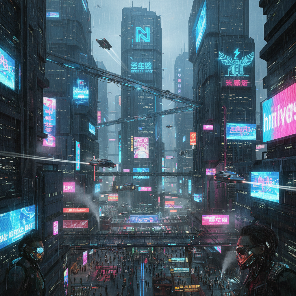 Cityscape reimagined as cyberpunk scene with AI image to image transformation