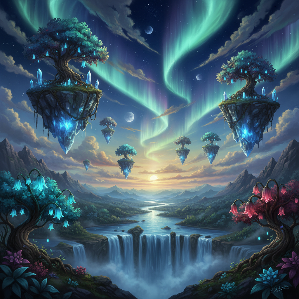 AI fantasy landscape with floating islands and aurora sky