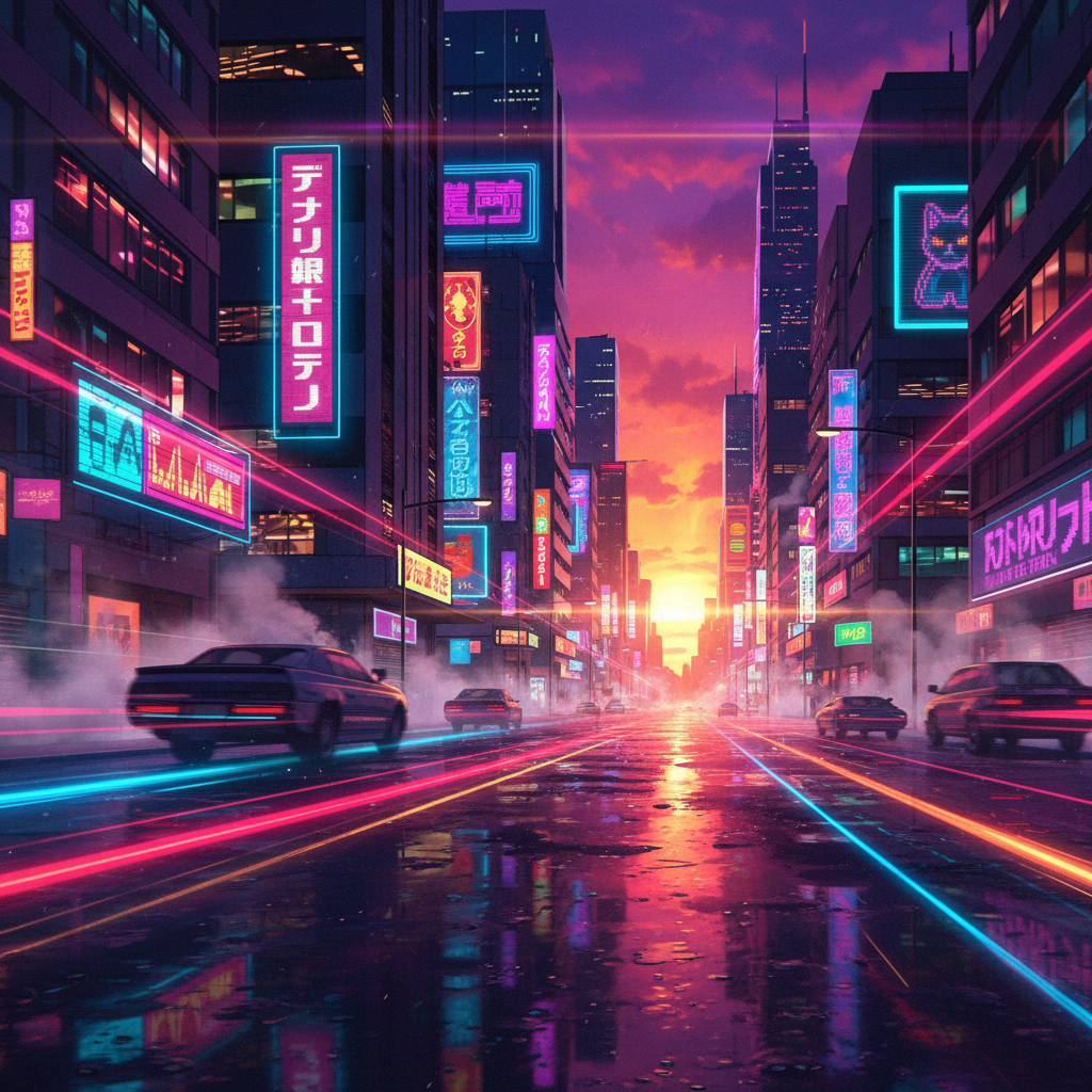 AI animated image generator example — neon cityscape with light streaks
