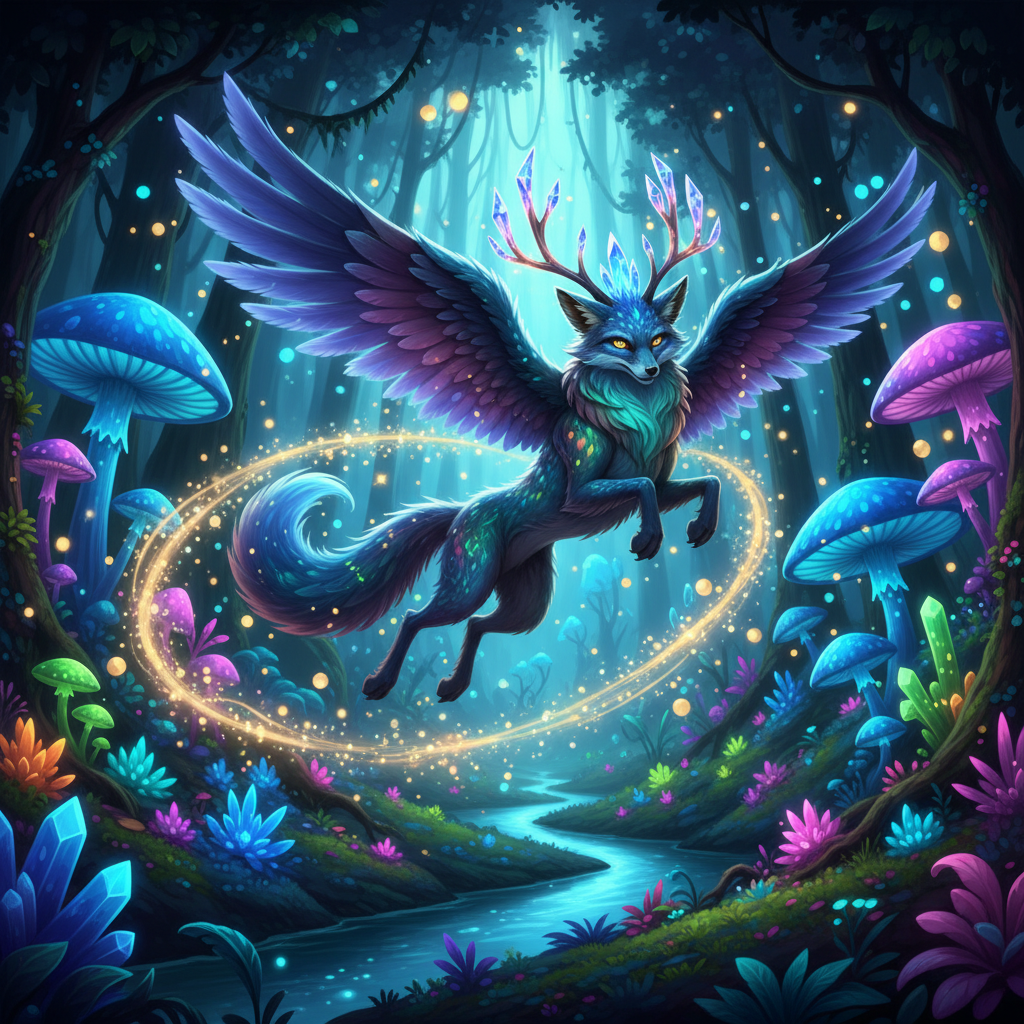 AI animated image generator art — magical creature leaping in animated forest
