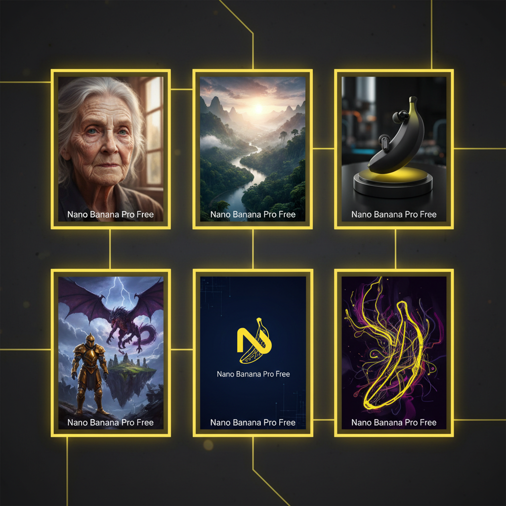 Nano Banana Pro Free gallery — diverse professional AI-generated portraits, products, and art