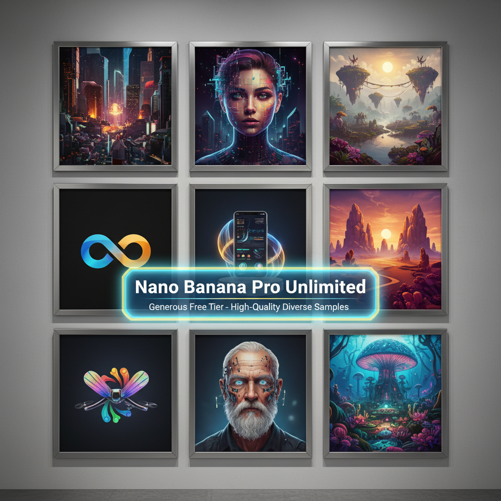 Nano Banana Pro Free Unlimited gallery — diverse professional portraits, products, logos and art with unlimited badge