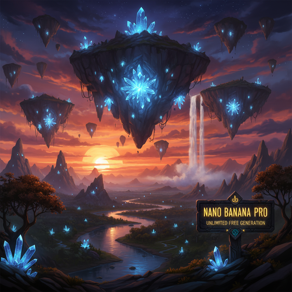 Nano Banana Pro Free Unlimited — epic cinematic fantasy landscape with amber and purple sunset sky