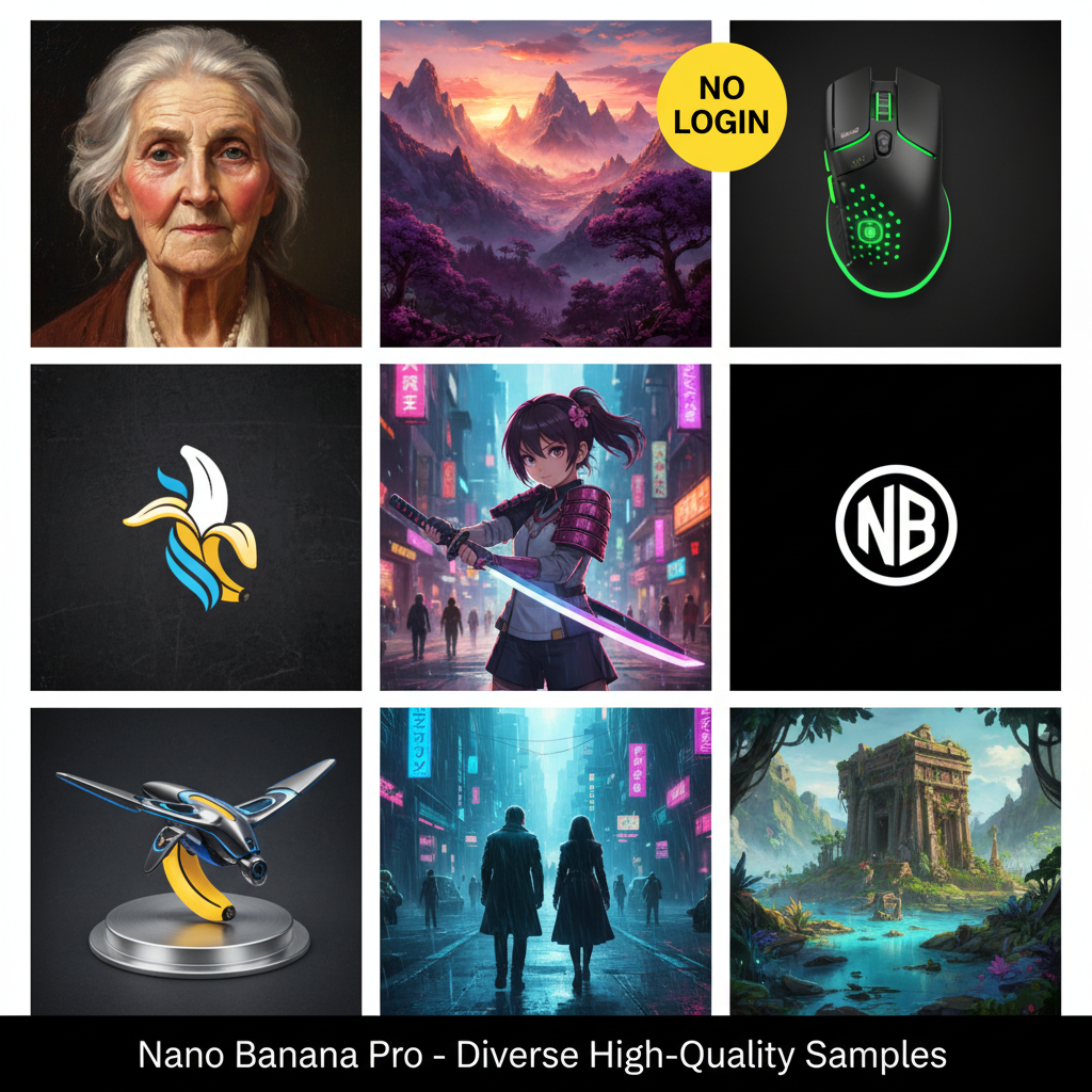 Nano Banana Pro no login gallery — portraits, products, logos, anime and cinematic images with no login badge