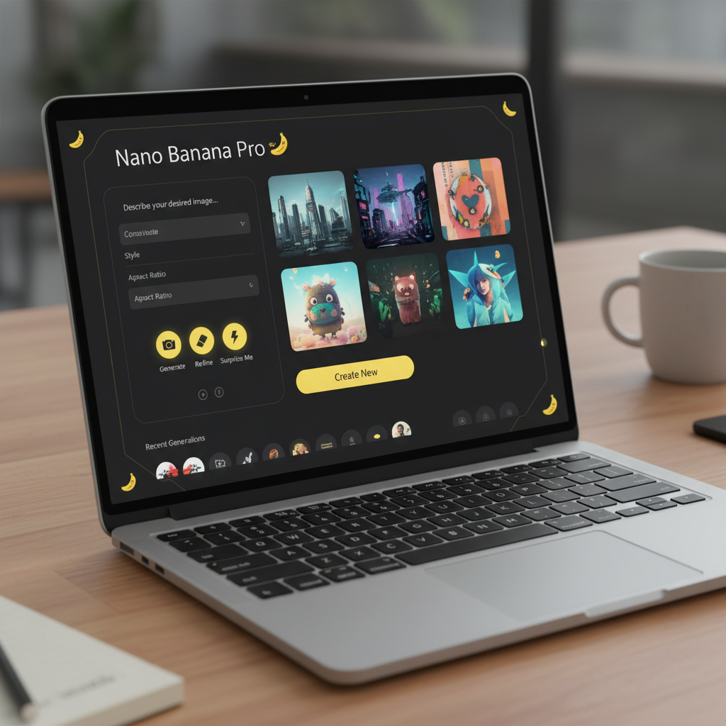 Nano Banana Pro without login — browser-based Pro-tier AI image generator interface on laptop with yellow accents