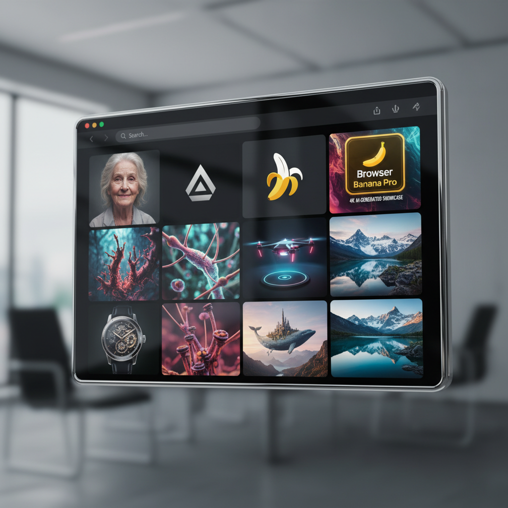 Browser Nano Banana Pro gallery grid — diverse 4K AI-generated portraits, logos, products, and landscapes in browser chrome