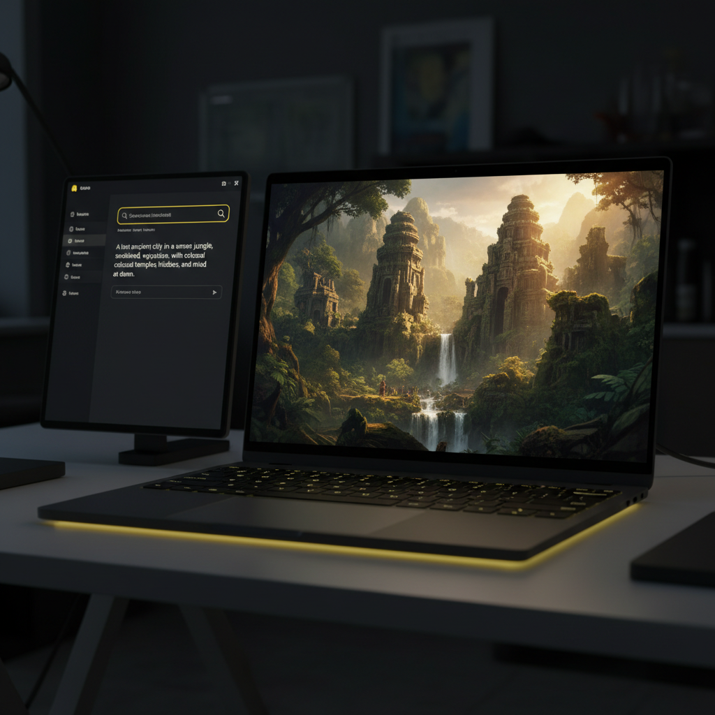 Nano Banana Pro web split view — prompt input on left, 4K AI image result on right, seamless browser workflow with yellow glow