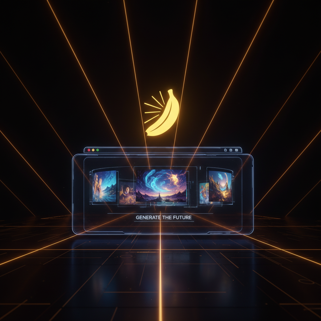 Cinematic browser-based Nano Banana Pro hero — transparent browser window with 4K AI masterpieces, dark amber premium tech aesthetic