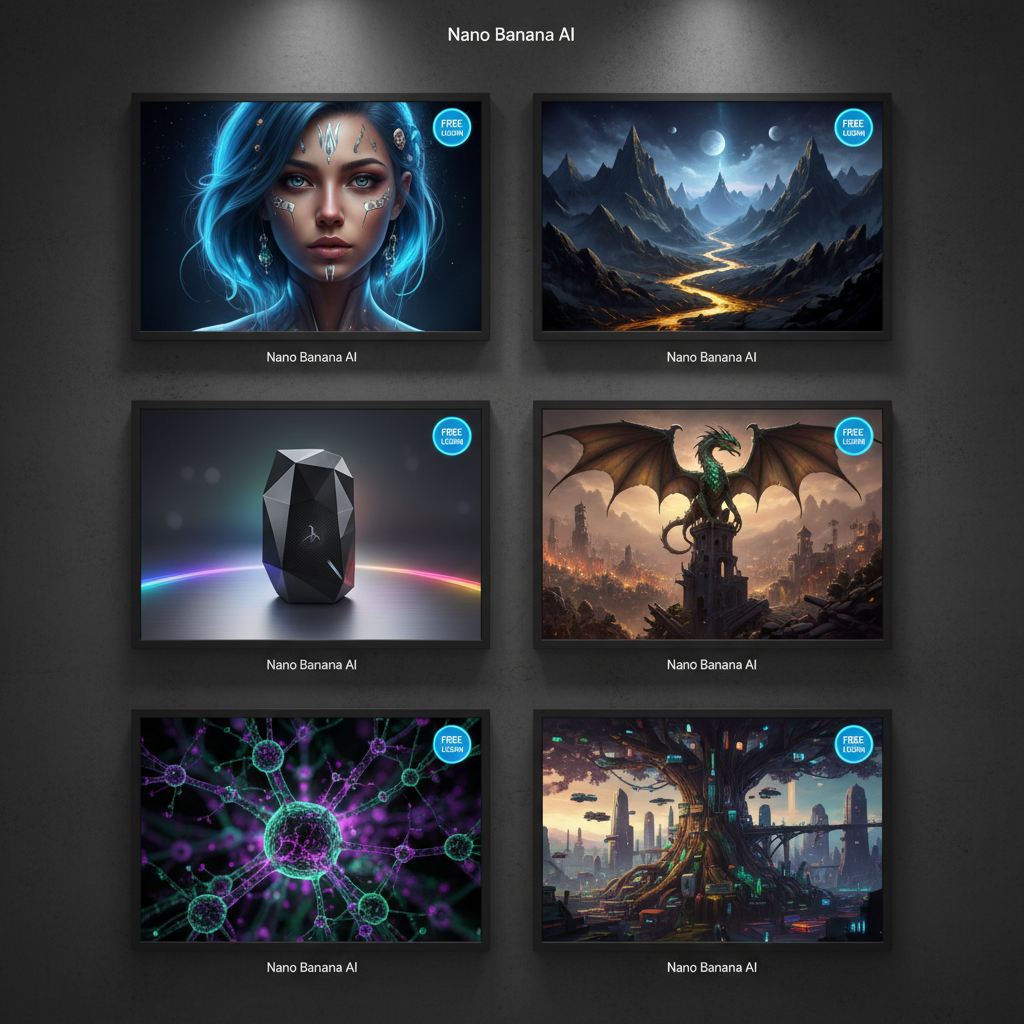 Nano Banana free no login gallery — diverse free AI samples with no sign up badge