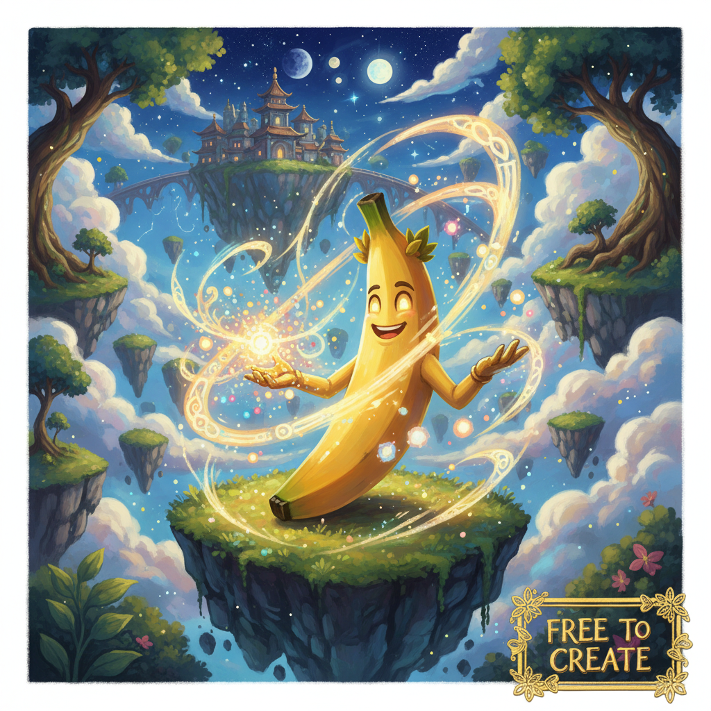 Nano Banana free no login showcase — golden banana character digital painting with free to create label