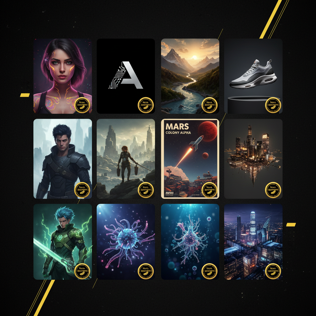 Nano Banana without login gallery — diverse anonymous AI image samples across styles