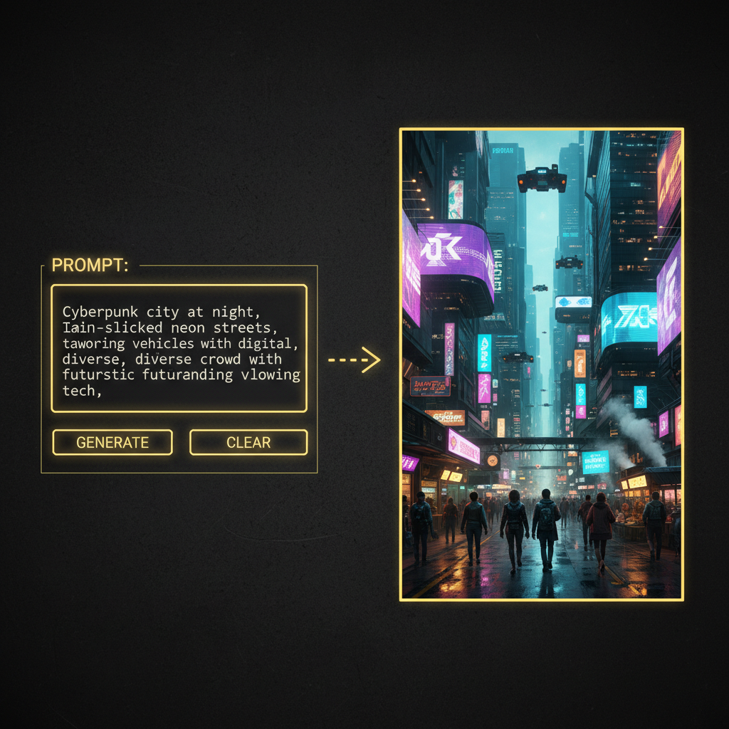 Nano Banana without login split screen — prompt input on left, AI-generated cyberpunk city on right