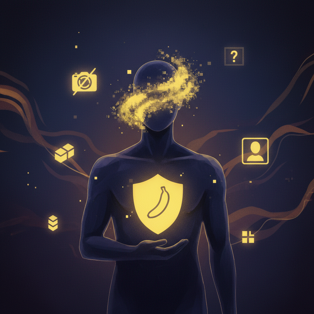 Privacy-first illustration showing Nano Banana without login anonymity shield