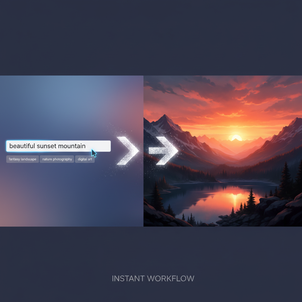 Nano Banana no sign up split screen — prompt input on left, AI-generated landscape on right