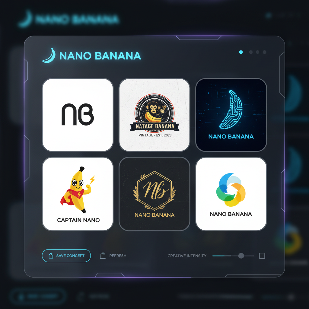 Gallery of Nano Banana AI logo generator concepts across six different styles